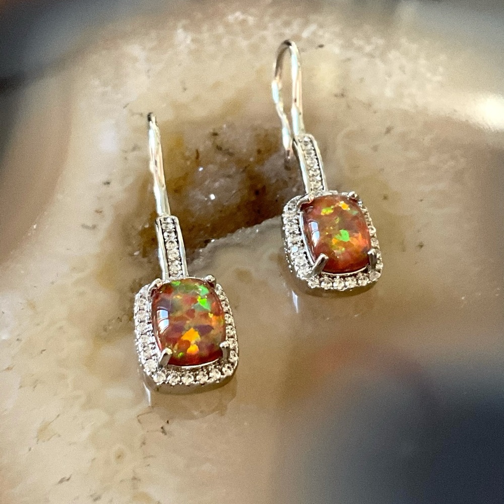 Silver fire opal dangle CZ earrings rectangle cubic zirconia black opal